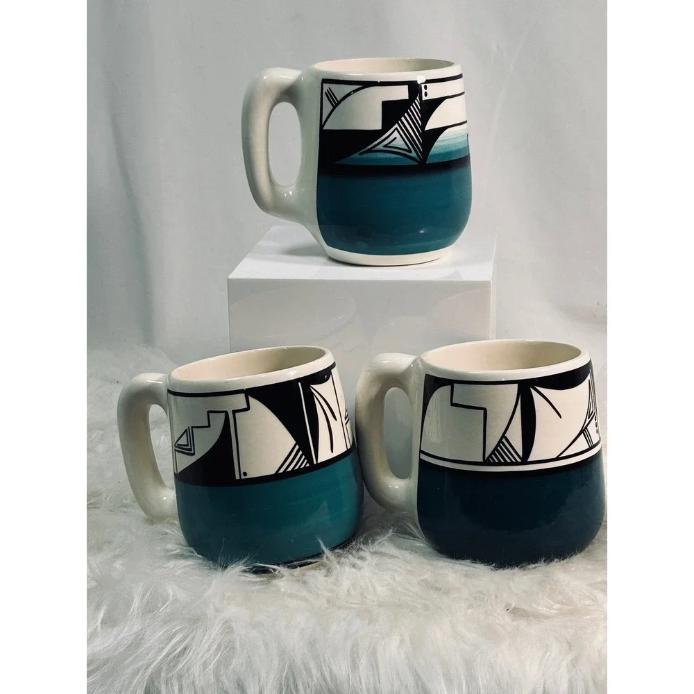 3 Ute Mountain Tribe Pottery Mugs Signed Vintage 1971‎